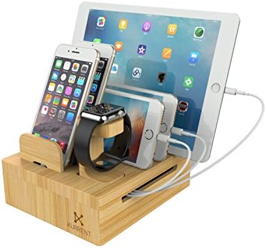 Kurrent Bamboo Desktop Charging Organizer: Multi device Dock w/ Apple Watch Stand for iPhone, iPad, Smartphone, Tablets and Apple Watch (For Use with Separate Charger)
