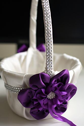 Ivory Purple Flower Girl Basket / Ivory Purple Petals Basket / Ivory Purple Wedding Basket