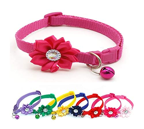 Small Dog Puppy Pet Collar Flower Floral Decoration with Bell Nylon Adjustable Size 19-32cm Pink Magenta Rose