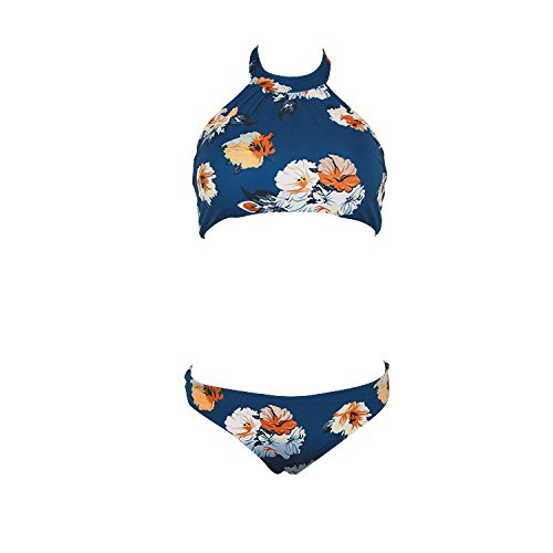 DFXIU Bagno Blu Donna Bikini Vintage Sexy Pad Fiori Costumi Costume Donna Mare Due Pezzi (EU28-36)