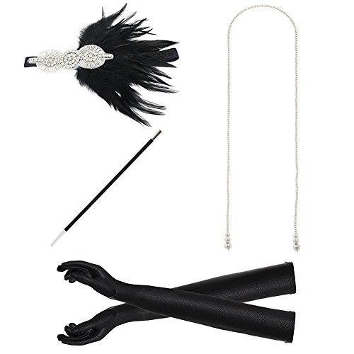 BUYITNOW 1920s Gatsby Flapper Costume Accessories Feather Sequins Headband Necklace Gloves Cigarette Holder