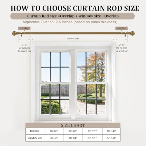 Warm Gold Curtain Rods for Windows 72-144 Inch Brass Extra Long Heavy Duty | Adjustable single 1" Diameter with vintage Brushed Bronze Metal Finials Antique for Living Room Bedroom Farmhouse Kitchen