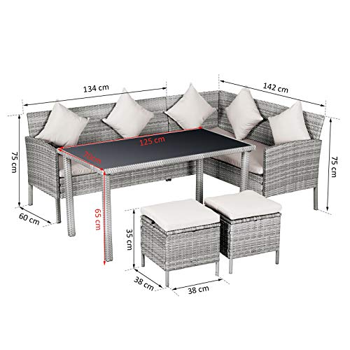 Outsunny 5-TLG. Gartenmöbel Set, Rattan Sitzgruppe mit Fußhocker, Metall, Grau, 134 x 60 x 75 cm – Bild 8