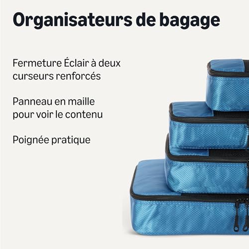 Ensemble 4 Cubes de Rangement, Organisateurs de Voyage, Double Fermeture Éclair, Dessus en Maille, 100% Polyester, Tailles S/M/L et Format Fin, Bleu Ciel (Anciennement Amazon Basics)