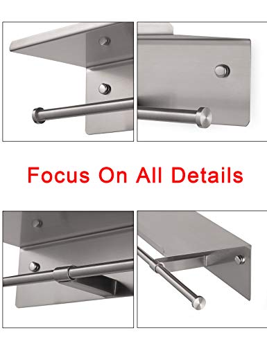 YUMORE Toilet Paper Holder, SUS 304 Stainless Steel Modern Double Roll Tissue Holder with Phone Shelf, Rustproof and Bathroom Washroom Tissue Roll Holder with Stuff Shelf, Brushed Finish