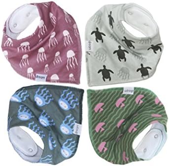 Organic Baby Bandana Bib Set of 4 by Dream Leaders - Extra Thick Absorbent Drool Bibs with Snaps for Boys &amp; Girls (4 layers) Save the Costa Rican Turtles Handkerchief Bibs from 100% cotton