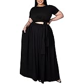 Ophestin Womens Plus Size 2 Piece Dress Outfits Solid Color Crop Top Maxi Skirts Set