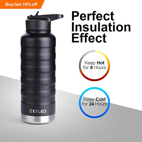 REYLEO Insulated Water Bottle with Straw Lid- 24 Oz Black, 2 Lids, 18/8 Stainless Steel Water Bottle, Keep Cold 24 Hours& Hot 8 Hours, Standard Mouth with Straw Lid