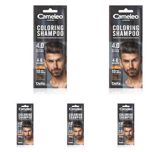 Cameleo Men – Färbendes Shampoo – Mittel Braun – Haare, Bart, Schnurrbart – Erfrischt – Hält 4 bis 6 Haarwäschen – Einfache und schnelle Anwendung – Walnussextrakt – 15 ml (Packung mit 5)