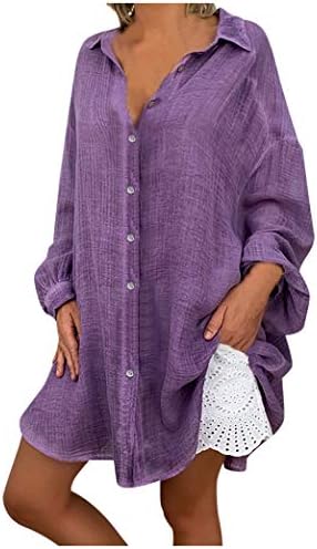 Womens Long Sleeve Tunic Shirts Plus Size Lapel Neck Sexy Work Casual Blouse Linen T Shirts for Women Button Dwon Tops