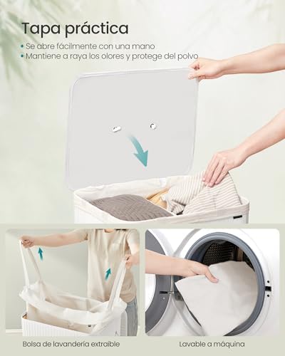 Cesto de la Ropa Sucia con Tapa, 2 compartimentos, 120 L, Cesta de Lavandería de Bambú, Plegable, con Bolsa Lavable Extraíble, Asas, para Lavandería, Dormitorio, Blanco LCB014W01