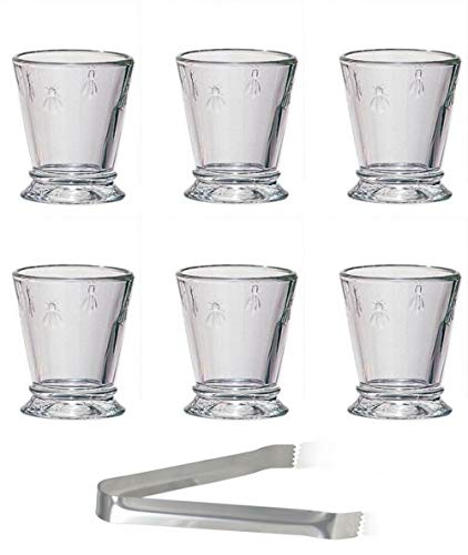 Napoleon Bee Shot Clear Glasses Set of 6 â€“ 2 Ounce Abeille tumbler - Ideal for Whiskey, Liquor, Scotch, Vodka - Durable Entertainment Glassware â€“ Home bar Bachelors Party gift â€“ Bonus: 6" Ice Tongs