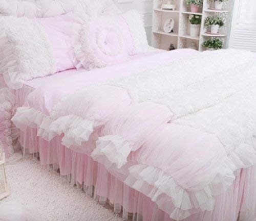 FADFAY Home Textile,Beautiful Korean Rose Bedding Sets,Luxury Girls Pink Lace Ruffle Bedding Sets,Romantic Princess Wedding Bedding Set,Girls Fairy Bedding Sets,Twin