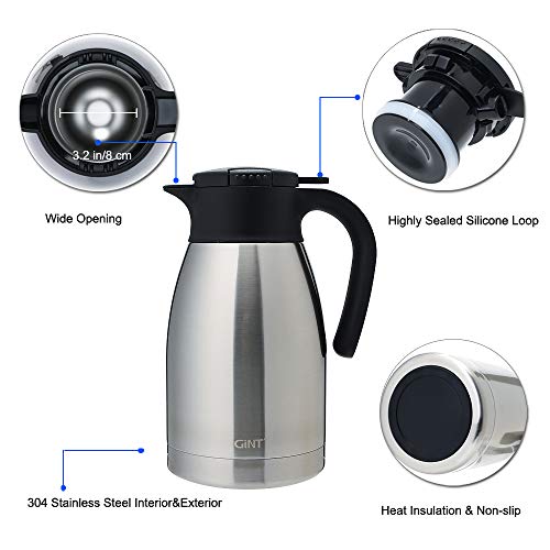 GiNT Stainless Steel Thermal Coffee Carafe with Lid/Double Walled Vacuum Thermos / 12 Hour Heat Retention,1.5L, Silver - Thumbnail 2