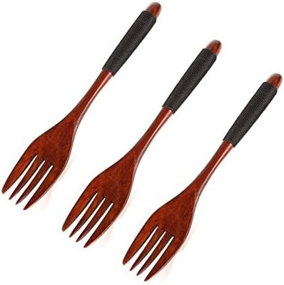 XH 3pcs Hand-Made Solid Wooden Fork Four Teeth Japanese Wood Salad Dinner Fork Tableware Dinnerware for Adult Eating Cooking 7" x1 (deep Color with Black Thread)