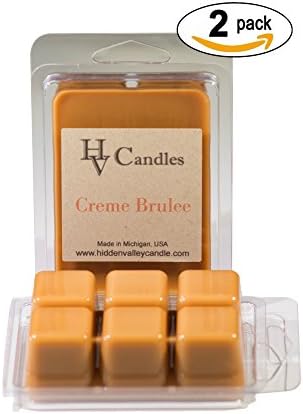 Creme Brulee Double Scented Wax Melts. Creamy vanilla custard pudding drenched with creamy buttery caramel sauce! You will receive 2 packs for a total 12 cubes which will throw 50+ hours of fragrance when melted in Scentsy®, Yankee Candle® or standard electric tart warmer.