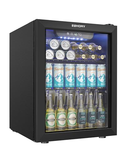 EUHOMY 60 Can Beverage Refrigerator cooler-Mini Fridge Glass Door for Beer Drinks Wines, Countertop Beverage Fridge with Adjustable Shelves Blue LED, 1.6 cu.ft