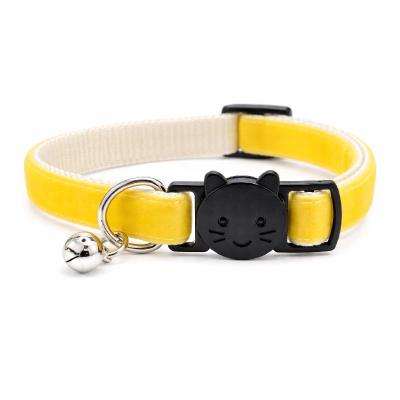 Velvet Cat Collars with Bell | Quick Safety Release Breakaway Buckle | Handmade in the UK | Available in Cat & Kitten Size | Zacal Cat Collars | Lemon Yellow Velvet