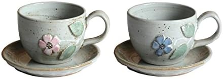 Handmade Pottery Coffee Cup/ Set of Two/Floral designs, 10 oz each (Sky blue, Pink)