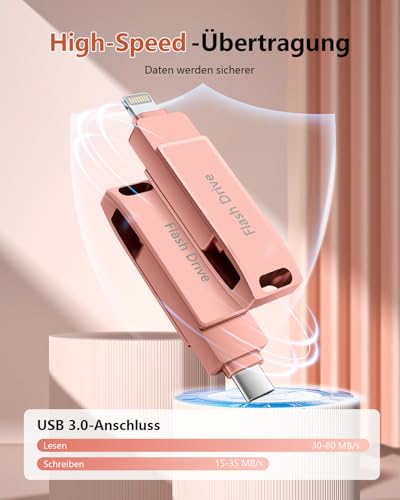 [Without App] USB Stick 512 GB for iPhone MFi Certified, Lncnnk 3 in 1 Flash Drive, Lightning USB 3.0 Memory Stick Photo Stick, USB C Stick for iPhone/iPad/OTG Android Mobile Phone/Mac/PC, Pink