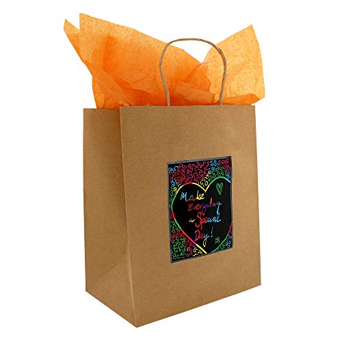 24 Brown Kraft Paper Gift Bags with Scratch Paper Panel for Customization, Tissue Paper Included! Unique Bulk Paper Bags with Handles are Great as Small Gift Bags, Party Favor Bags & Kraft Paper Bags