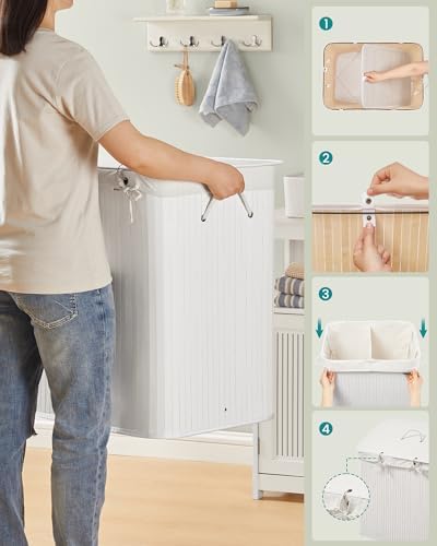 Cesto de la Ropa Sucia con Tapa, 2 compartimentos, 120 L, Cesta de Lavandería de Bambú, Plegable, con Bolsa Lavable Extraíble, Asas, para Lavandería, Dormitorio, Blanco LCB014W01