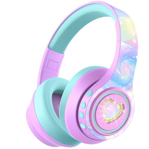 iClever Auraa Active Noise Cancelling Headphones for Kids, LED Light Up, Bluetooth 6.0, Safe Volume 80dBA, 47H Play Time,Fast Charging,Kids Headphones Wireless with Mic AUX Cord for Travel iPad,Purple