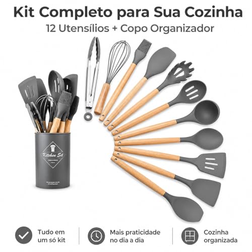 Kit Utensílios Cozinha Silicone 12 Peças com Suporte – Cabo Madeira Premium, Não Risca, Resistente ao Calor