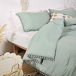 Smoofy Pom Fringe Comforter Set Queen Size Sage