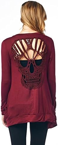 Women Girl Cut Out Skull Back Open Front Lightweight Jacket Cardigan With Pocket
