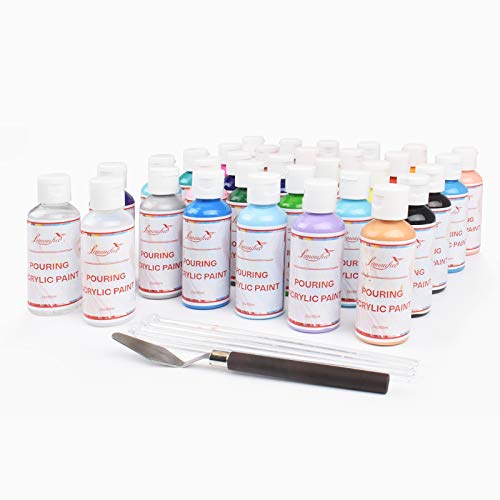 Acrylic Pouring Paint, 2oz Bottles, Set of 32 Assorted Colors, High Flow Acrylic Paint, No Mixing Needed, Paint for Pouring on Canvas, Glass, Paper, Wood, Tile, and Stones