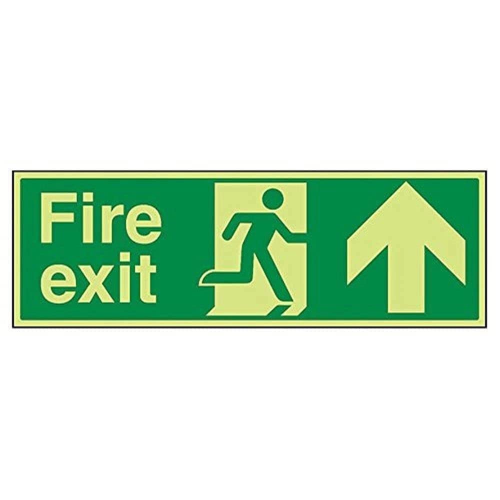 V Safety Glow In The Dark Fire Exit Arrow Up Sign - 600mm x 200mm - Rigid Plastic — image 1