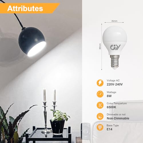GY LED Bulb E14 Cold Light 6500K 8W 880LM, Mini Spherical Bulbs G45 Fine Thread, No Flicker, CRI>80, Energy Saving, Non-Dimmable, 12 Pieces