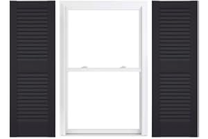 Duralok Vinyl Exterior Shutters | One Pair | Louvered 50/50 Split Straight Top Exterior Window Shutters | 18" x 67" | Black | Simple Installation + Hardware Included | Made in The US