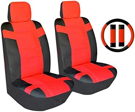 9 Piece Luxury Red and Black Two Tone Pu Synthetic Leather Universal Seat Cover Set Accent "Superior" 2 Front Bucket Seats - 2pc Headrest Cover - Steering Wheel - Seat Belt Pads