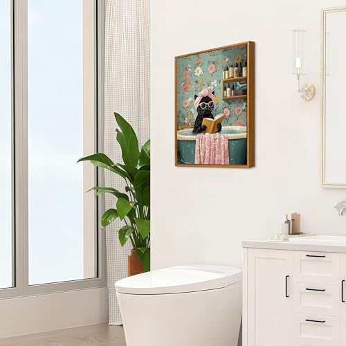 Framed Picture Modern Funny Black Cat Picture Decoration Cute Black Cat Bathing Canvas Painting Picture Decorative Pictures Living Room Bedroom Bathroom Toilet Children's Room 30 x 40 cm