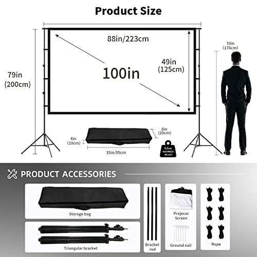 Projector Screen with Stand, Towond 100 inch Indoor Outdoor Projection Screen, Portable 169 4K