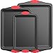 Vremi 3 Piece Nonstick Baking Sheets Set - Professional Non Stick Oven Tray Set for Baking - Non-Toxic Rimmed Carbon Steel Baking Pans Cookie Sheets with Wide BPA Free Red Silicone Handles