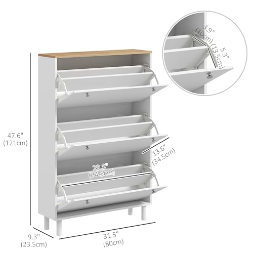 HOMCOM Shoe Cabinet, Narrow Shoe Storage Cabinet with 3 Flip Drawers and Adjustable Shelves for 24 Pairs of Shoes for Entryway, Hallway, White