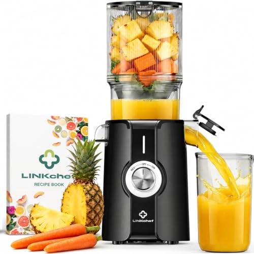 LINKChef Fruit and Vegetable Extractor, 115 mm Opening Juice Extractor 1.2L, Slow Juicer Machine for Whole Fruits and Vegetables, BPA Free, Easy to Disassemble and Clean, Recipes Included, 200W