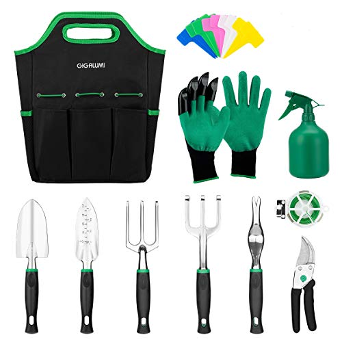 GIGALUMI 11 Piece Garden Tools Set – Gardening Tools with Garden Gloves and Garden Handbag – Gardening Gifts Tool Set with Garden Trowel Pruners and More – Aluminum Outdoor Hand Tools