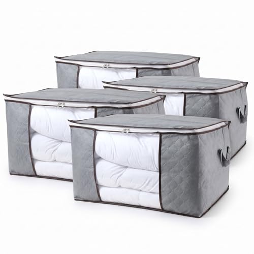 Kit 4 Sacos Bolsas Organizadoras Dobráveis Tecido Cinza com Zíper Total e Janela Frontal – Guarda Cobertores, Edredons e Roupas de Cama sem Amassar no Armário