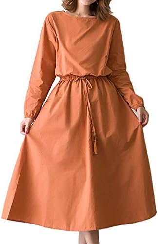 [m.m.w(エムエムダブリュ)] レディース ワンピース ウエストマーク フレアスカート 無地 長袖 M～2XL