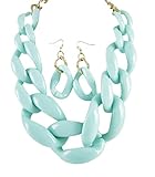 Chunky Bold Thick Flat Square Acrylic Goldtone Necklace and Earrings, 19+3