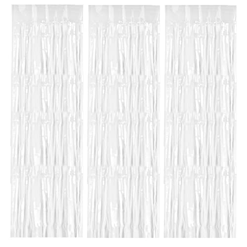 3 Pack Metallic Tinsel Foil Fringe Curtains, 1x2m Shimmer Streamers Curtain, Party Tinsel Backdrop for Wedding Birthday Halloween Party Door Windows Photo Booth Props Decorations (White)