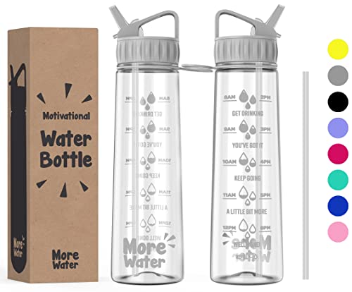 More Water Bottle With Straw, Motivational Time Markings 900ml - Drinking Tracker Bottles - Times to Drink - BPA Free Sports Bottles