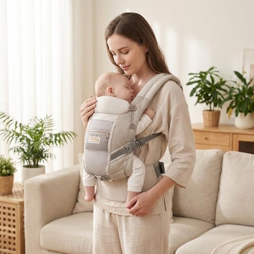 Baby Carrier for Newborn to Toddler,Infant Carrier 4-in-1 Adjustable Baby Wrap with Lumbar Support, Baby Chest Carrier All-Day Comfort, 7–66 lbs ，Natural Cotton 3 Layer Baby Muslin Square Wipes