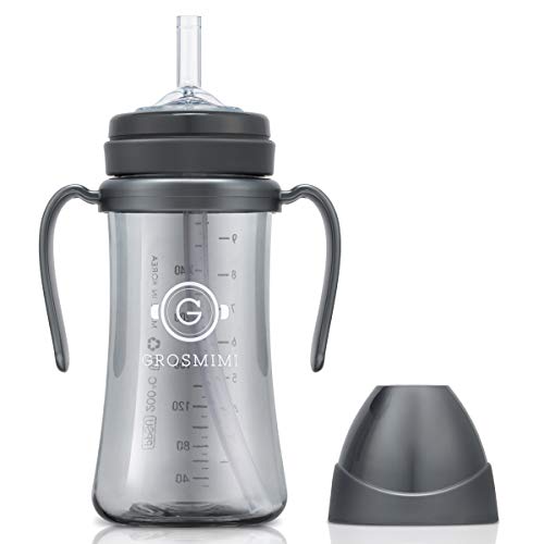 GROSMIMI Spill Proof Magic Sippy Cup with Straw and Handle for Baby and Toddlers, Customizable, PPSU, BPA Free, 10 oz, Charcoal