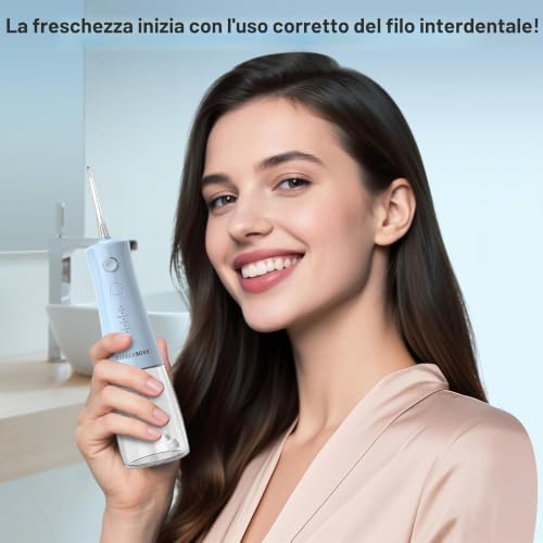 idropulsore dentale, irrigatore orale elettrico senza fili, 5 modalità di pressione, serbatoio da 340 ml, impermeabile IPX8, dispositivo portatile per la cura delle gengive (Blu Pastello)