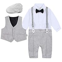 A&J DESIGN Infant Boys Bowtie Gentleman Romper Overall Set Berets Hat (6-9 Months, Light Gray)